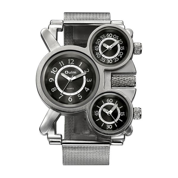 

oulm 1167 mesh steel watch three time zone display outdoor sport watches men casual brand quartz wristwatch erkek kol saati, Slivery;brown
