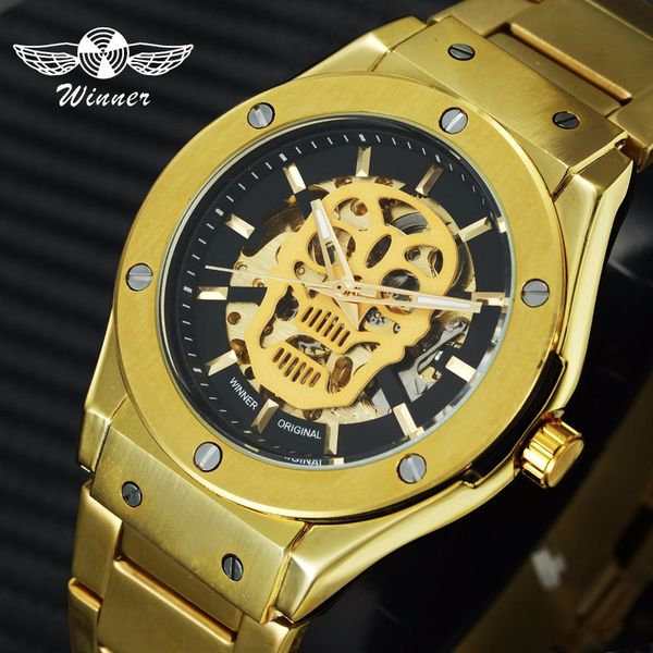 

winner golden auto mechanical watch men luminous skull skeleton dial stainless steel strap wristwatches for man, Slivery;brown