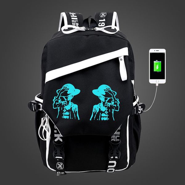 Acheter Casual Lumineux One Piece Luffy Dessin Animé Imprimer Sac à Dos Tendance Grande Capacité Portable Ordinateur Portable Sac à Bandoulière Usb De