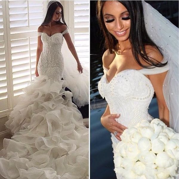

glamorous mermaid wedding dresses lace appliques pearl tiered ruffles chapel train off shoulder wedding dresses bridal gowns, White