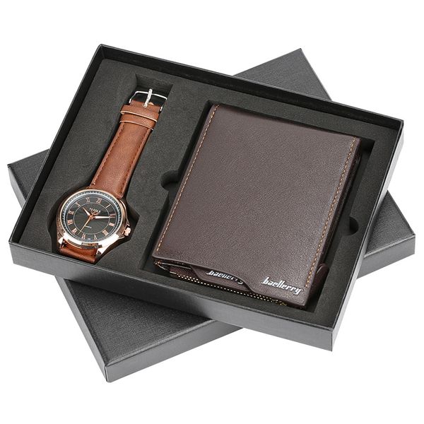 

business men brown leather wallet + luxury wristwatch quartz watch gifts set for father boyfriend birthday gift reloj masculino, Slivery;brown