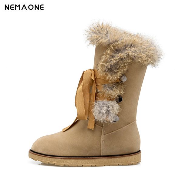 

nemaone new flat fur snow boots women lace up boots winter for women warm botas mujer, Black