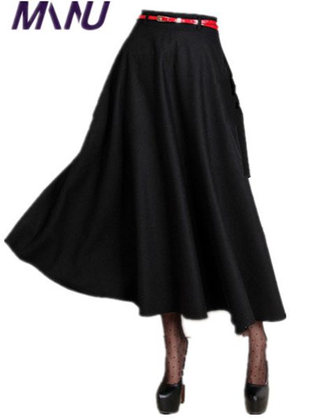 

6xl plus size skirt 2018 women winter saia longa faldas largas high waisted maxi long a-line pleated wool in floor length skirts, Black
