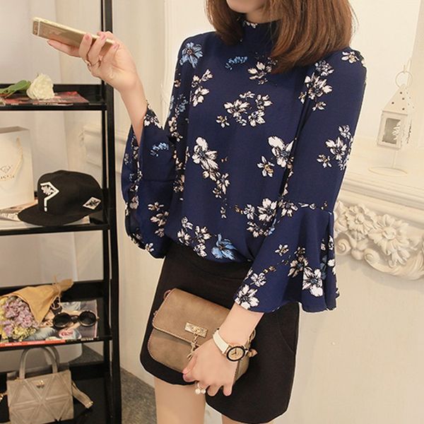 

2018 лето новая мода цветочный принт шифон блузки женская рубашка с длинным рукавом flare повседневная рубашки синий черный плюс размер blus, White