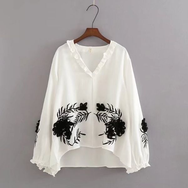 

tze45-997 european and american fashion wind v collar embroidered shirt, White