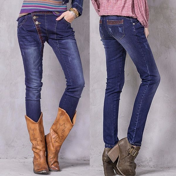 

women jeans boho new denim harem pants floral emroidery vintage trousers low waist skinny jean x2205 women pant, Blue