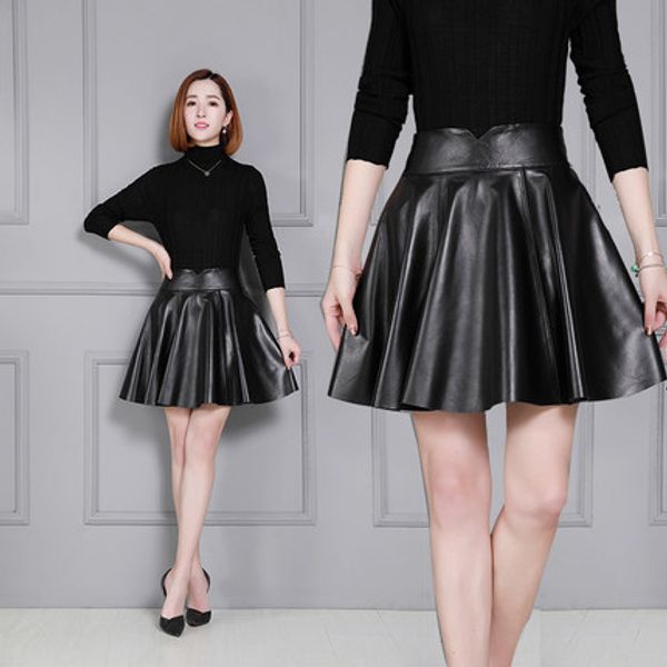 

women new sheepskin skirt pleated leather skirt, Black