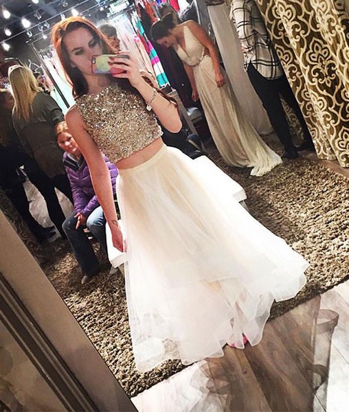 

white two pieces beading sequined prom party dress long tulle sleeveless homecoming dress white evening dresses, Black
