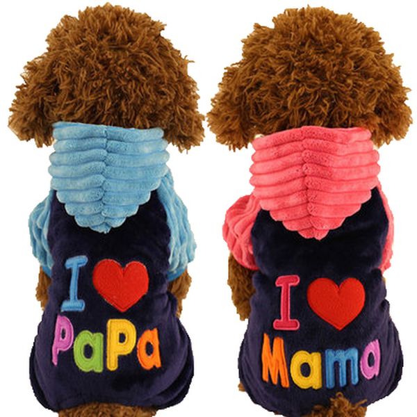 New Love Mama Papa Roupa Dlyamalenkih Cães Azul Rosa Inverno Quente Animais Gatos Fatos de produtos em Yorkie Terrier Dachshund