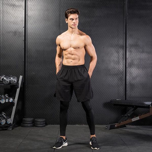 

men's tight false two piece fitness workout running gym jogging pants leisure quick drying compression trousers leggings 7010, Black;blue