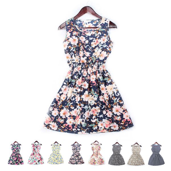 

nibesserwomens fashion dress casual elegant sleeveless dress dot floral printed sleeveless vest for women ladies dresses, White;black
