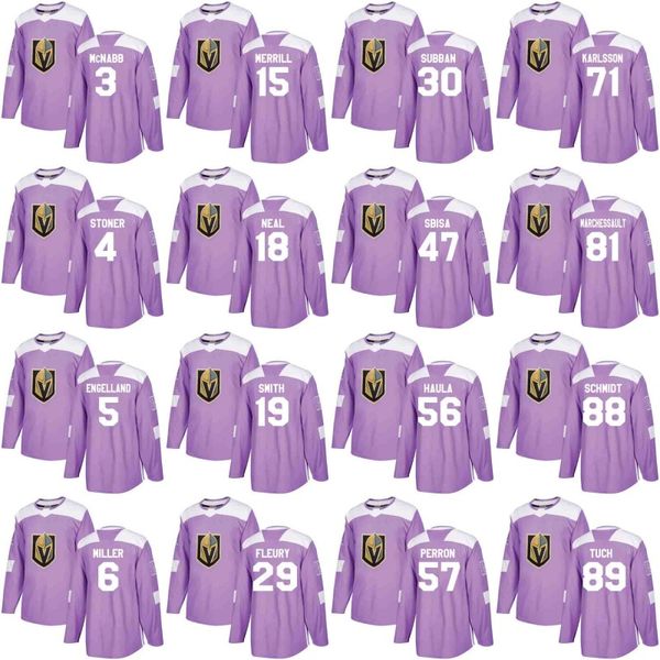 

Vegas Golden Knights Jersey Purple Fights Cancer Practice 56 Erik Haula 57 David Perron 71 William Karlsson 88 Nate Schmidt Hockey Jerseys