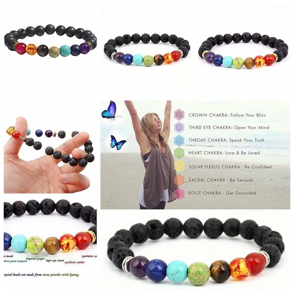 

Yoga bracelet black natural lava 7 chakra healing balance 8 mm bead bracelet for men women prayer tone 500pc gga1217