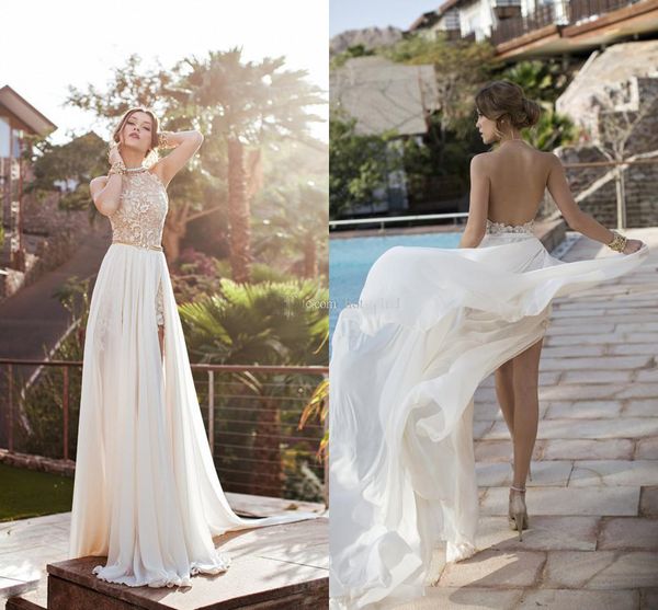 

Sexy Backless Summer Beach Wedding Dresses 2020 Elegant Halter Beaded Crystal Chiffon Lace Side Split Julie Vino Bridal Gowns Dresses