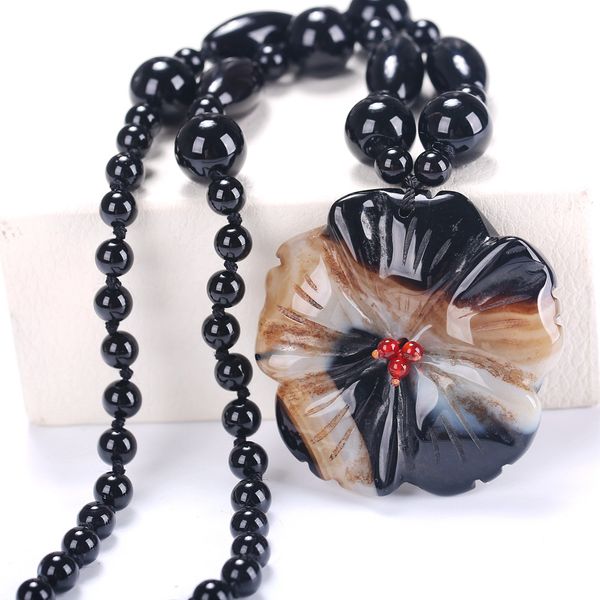 

natural black agate necklace crystal black dragon ven agat stone beads knot necklace flowers pendant elegant women jewelry, Silver