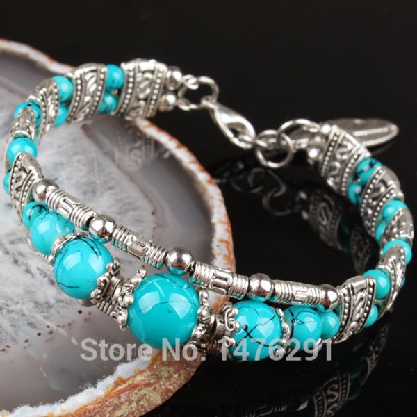 

tibetan silver blue glass round beads charm bracelet bangle 6.5"l-7"l 1pcs, Golden;silver