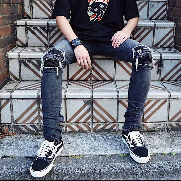 

2018 new west side zipped motorcycle stretch skinny distressed ripped biker jeans retro broken ring sweatpant, Blue