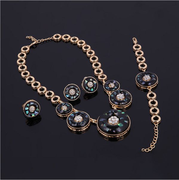 

luxury bridal wedding jewelry fashion women imitation gem 18k gold plated circles necklace earrings ring bracelet 4-piece set party jewelry, Slivery;golden