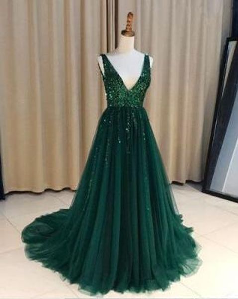 

real ps elegant a-line sequins long tulle v-neck evening dresses vestido de festa women sleeveless green prom gowns, Red