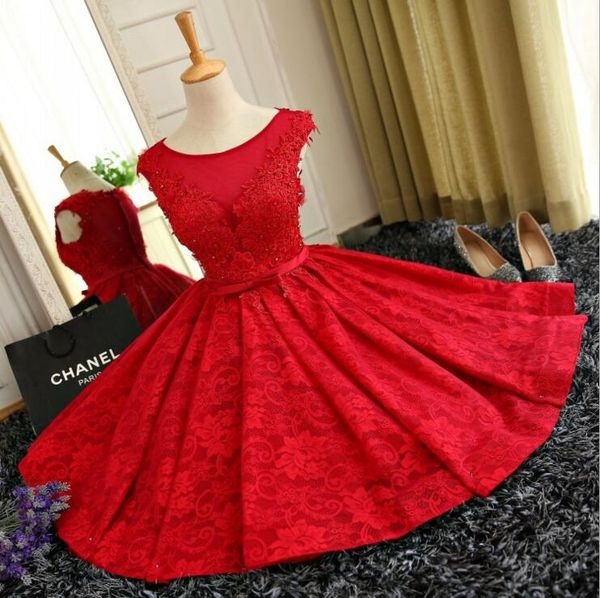 

2018 red lucky lace sheer neck knee length cocktail party gowns homecoming dresses maid of honor dress, Blue;red