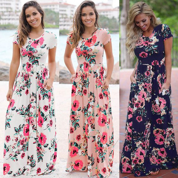 S-3XL Elegant Women Robe Estate 2018 Manica corta Stampato Maxi Dress Moda Sexy Boho Dress Stringere Vita lunga Vestidos abiti D1891304