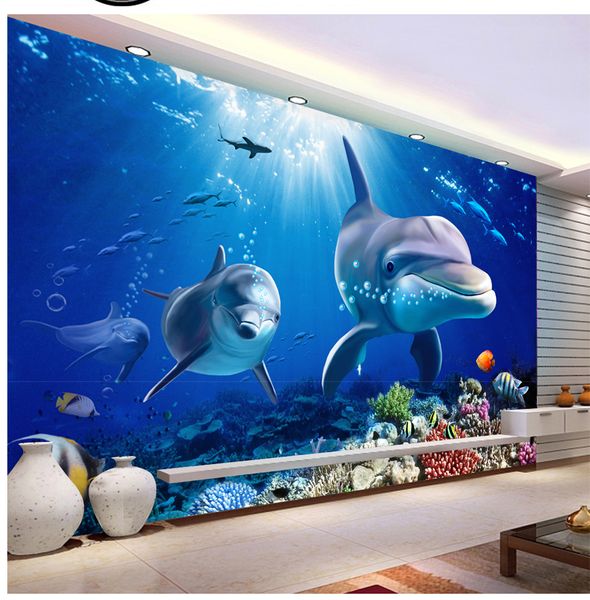 

custom retail 3d dolphins underwater world wall couples dolphins swim in the sea of small fishes