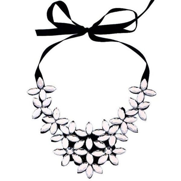 

otoky flower ribbon chain short necklace pendant crystal choker chunky collar ap18, Silver