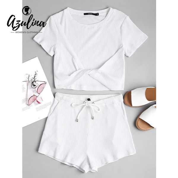 

azulina two piece women sets summer ribbed o neck short sleeve crop high waist drawstring shorts set coon women's clothing, White