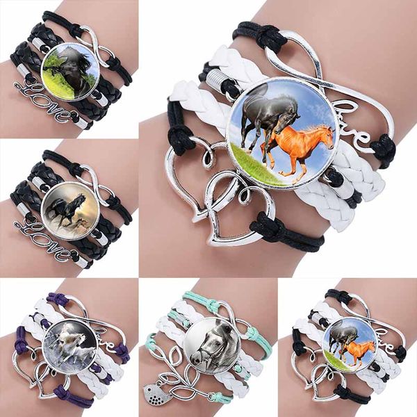 Moda cavallo Cabochon in vetro Infinity Love Bracciale in pelle per ragazze Donne Bambini tempo gemma regalo di gioielli fatti a mano