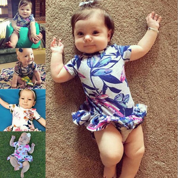 

ins baby kids summer girl romper o-neck full flowers print sleeveless ruffles romper kids casual romper set, Blue