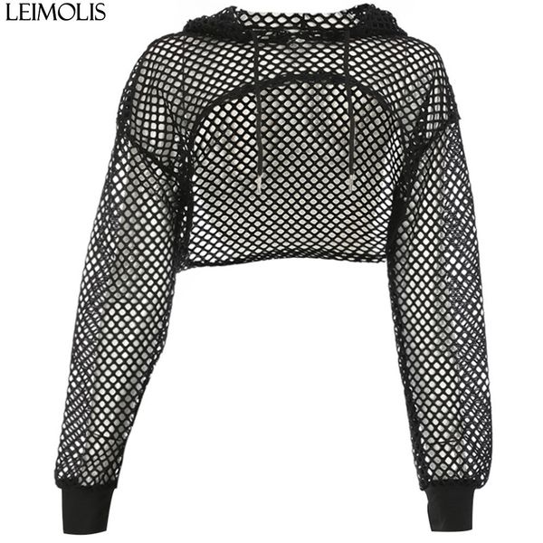 

women mesh t shirt transparent hooded long sleeve crop summer girls black short tee female party clothes, White