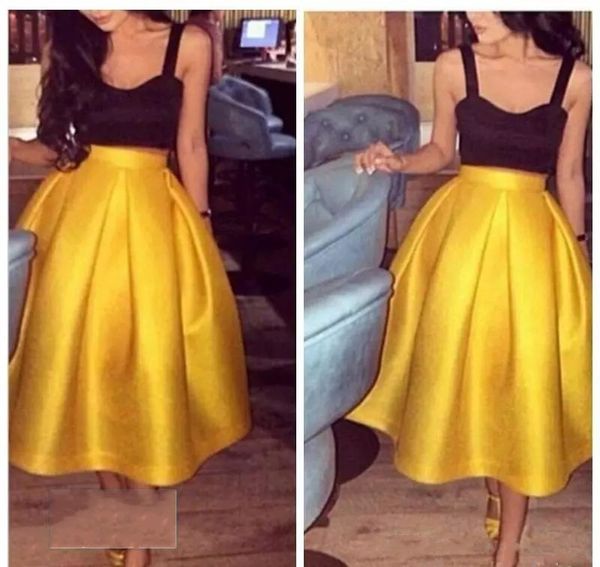 

fall 2018 girls party dresses spaghetti straps a line tea length black and yellow two pieces prom dresses two tone