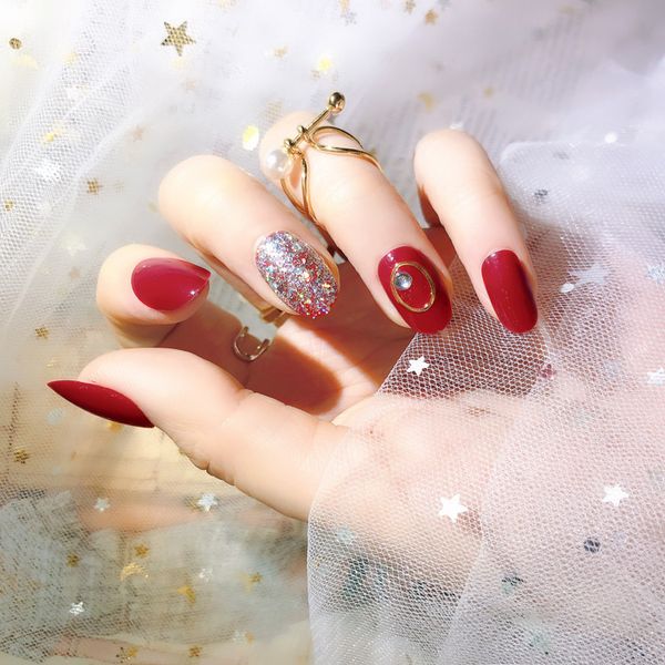 

24 pcs round head full cover bride nail art tips artificial fake nails with glue long design rivet red false nails fashion, Red;gold