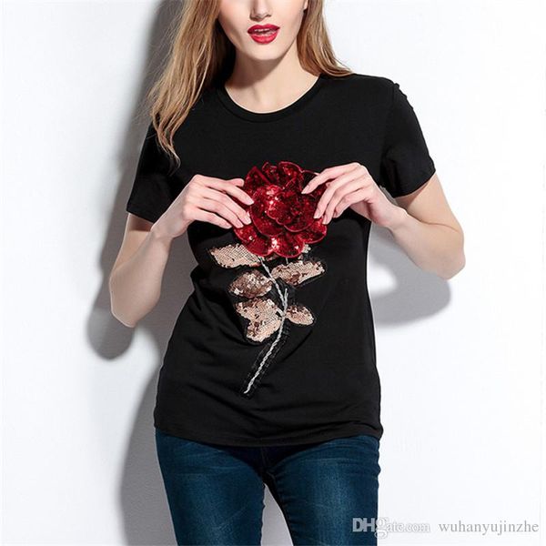 

short sleeve 0-neck sweet women t-shirt girl rose sequins t-shirt casual tees summer fashion women t-shirt cl604, White