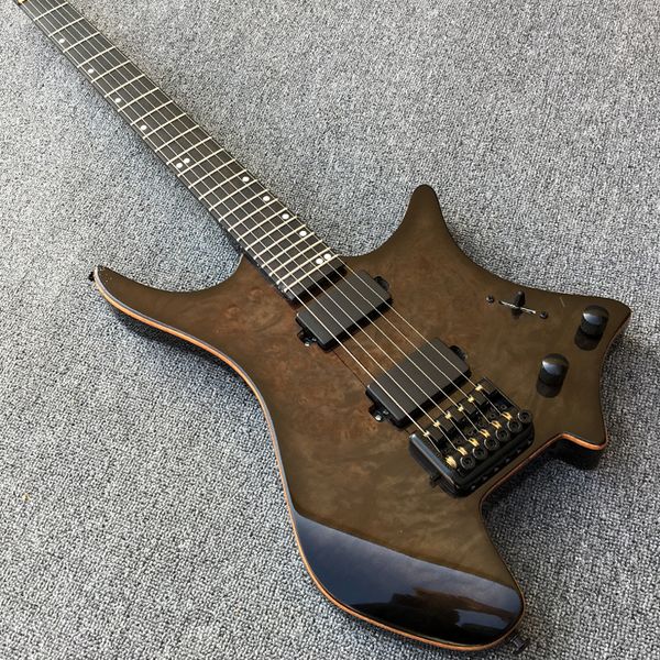 

Custom 24 Frets Headless Strandberg Boden Burl Spalted Maple Top Black Electric Guitars Wood Body Binding EMG Pickups KD Patent Tailpiece