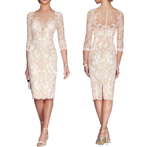 

2019 Elegant Plus Size Formal 3/4 Sleeve Knee Length Sheer Neck Mother Groom Dresses Applique Bateau Sheath Lace Mother Of The Bride Dresses
