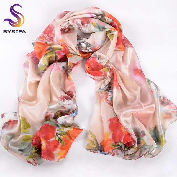 

bysifa] women silk scarf brand accessories spring autumn winter peony pattern 100% silk beige red ladies long scarves wraps, Blue;gray