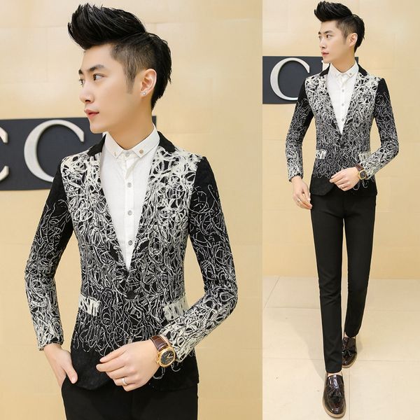 

spring and autumn new personality silk suit men's casual small suit tide men's fashion coat xz020, White;black