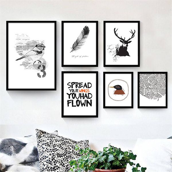 Acheter Peinture Sur Toile Scandinave Noir Et Blanc Oiseaux Dessin Animé Animaux Combinaison Peinture Décorative Wall Images Pour Enfants Chambre De