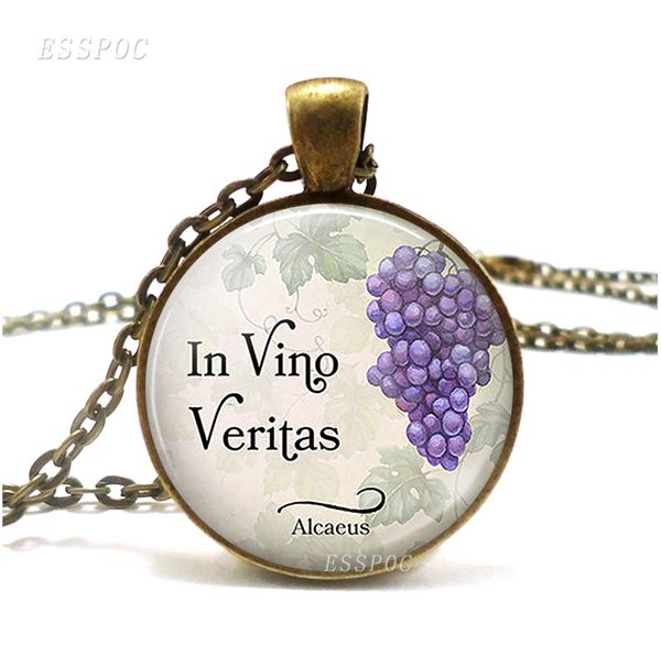 

in wine, truth " in vino veritas alcaeus quote necklace retro literary glass dome grape p jewelry pendant wine lover gift, Silver