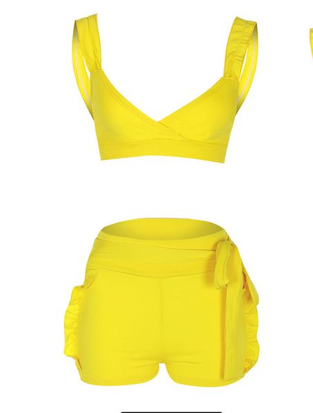 

fashion casual summer 2pcs set women's sleeveless ruffled crop solid short ladies club party clothes, Gray