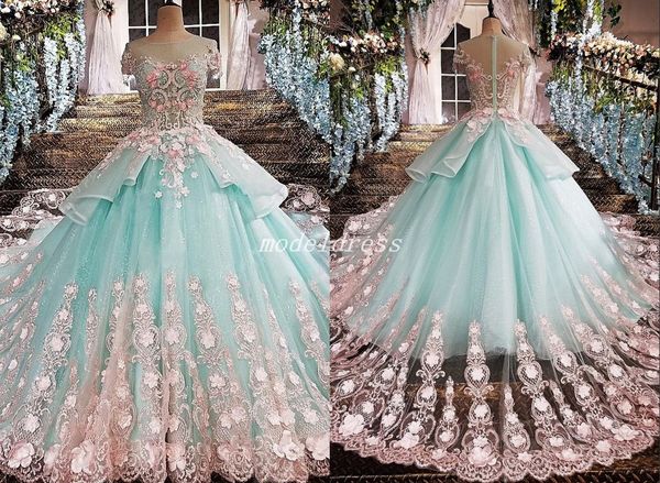 

2019 prince mint green ball gown quinceanera dre e jewel hort leeve pink applique ve tido de 15 ano prom party gown for weet 15