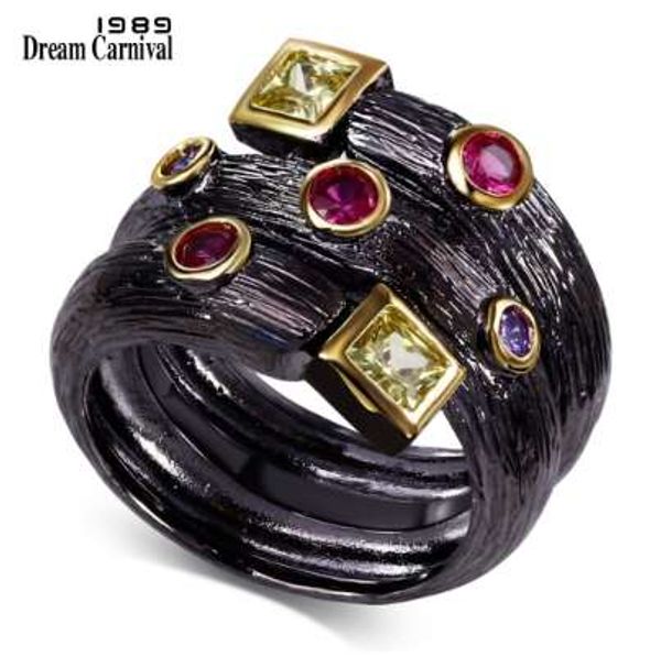 

dreamcarnival 1989 gothic hip hop ring for women olivine fuchsia zircon bezel black gold color vintage bijoux engagement anillos, Golden;silver