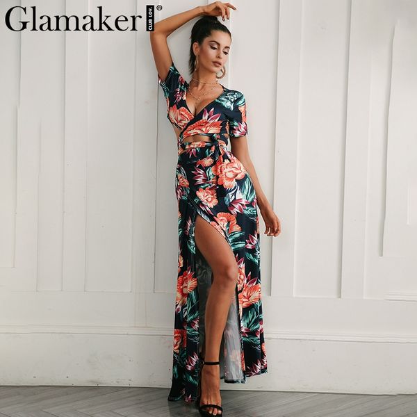 

glamaker floral summer dress women high slit long dress printed maxi beach female crop two piece set sundress vestidos, White;black