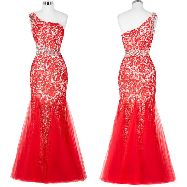 

custom made red one shoulder lace mermaid prom dress with tulle and rhinestone beading red evening dress new design, Black