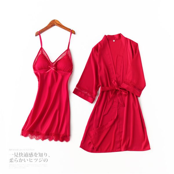 

silk ice women lace robe & gown sets satin bathrobes sleepwear robe dress erotic two piece set nightwear home clothes, Black;red