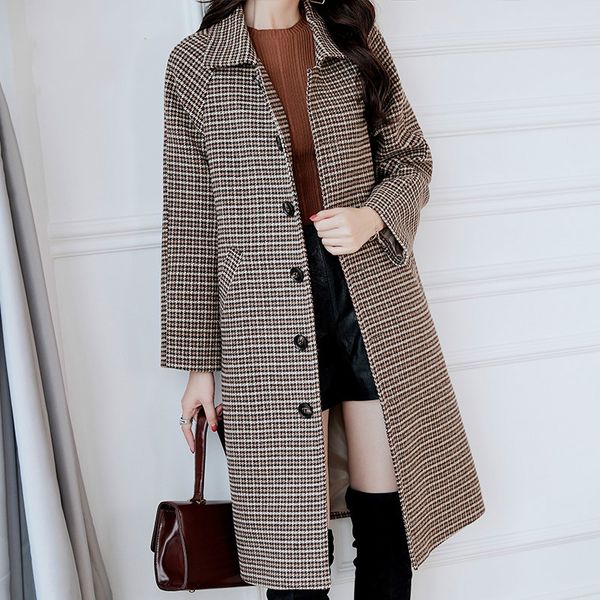 

korean version winter women's woolen trench long coat plaid turn-down collar single-breasted all-match office lady casual femme, Black