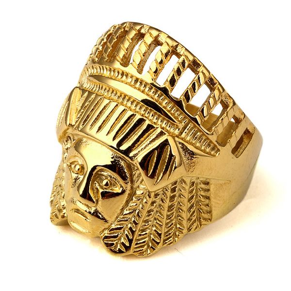 Hip hop Joias masculinas Escultura em aço Joias indianas Anéis Ancient Maya Tribal Chief Head Punk Vintage Round Hollow Out Ring Size 7-12