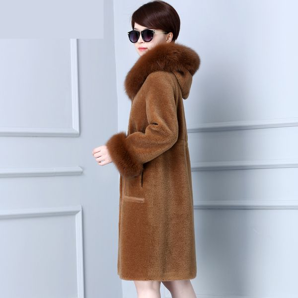

100% wool jacket autumn winter fur collar coat women clothes 2018 korean real fur coat sheep shearling slim coats, Black