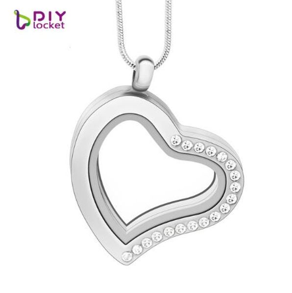 

10pc diy locket 30mm four colors heart rhinestone magnetic glass floating charm locket alloy (snake chains included for, Silver